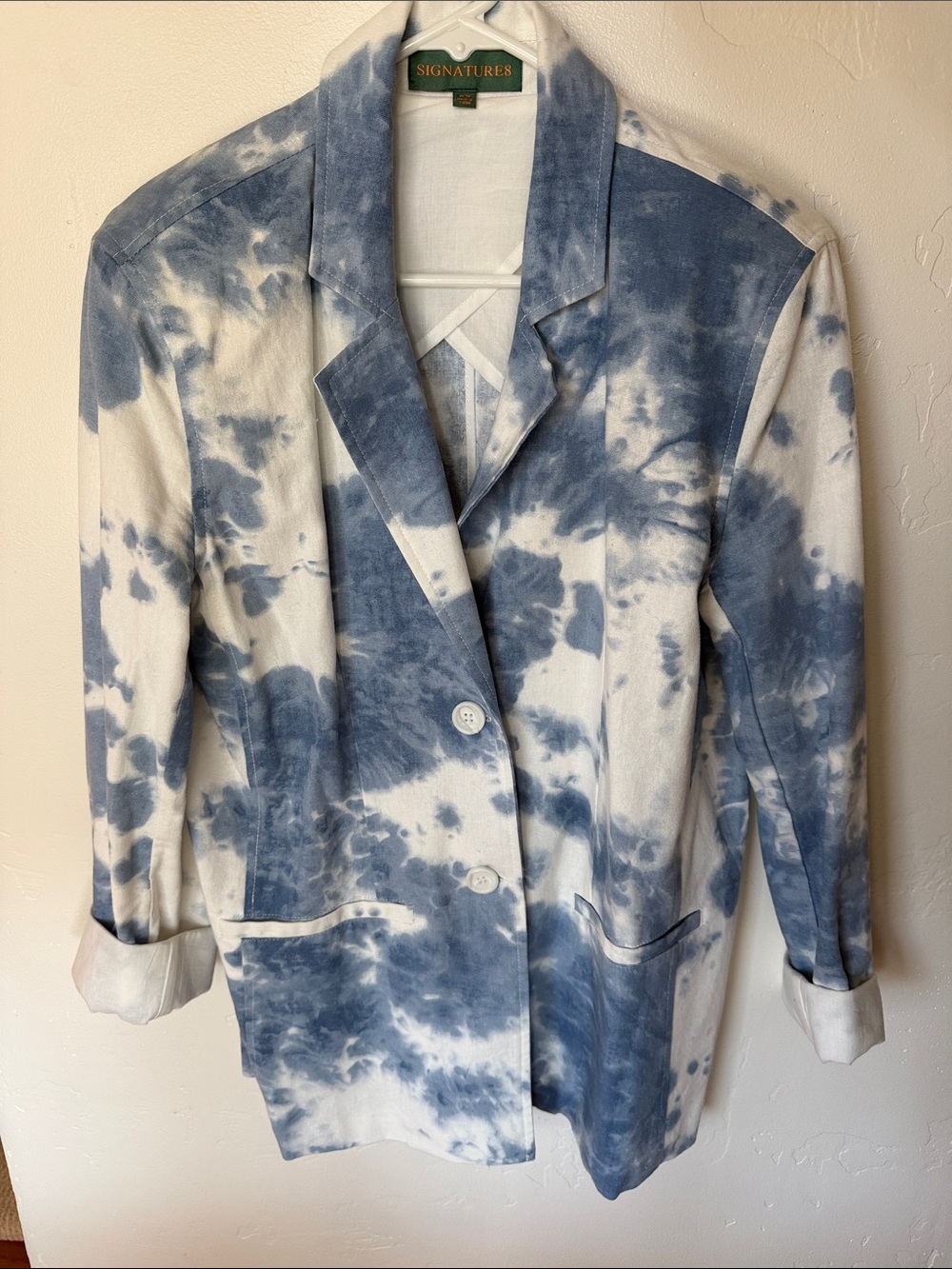 Signature Blue and White Tie-Dye Blazer Jacket w shoulder pads